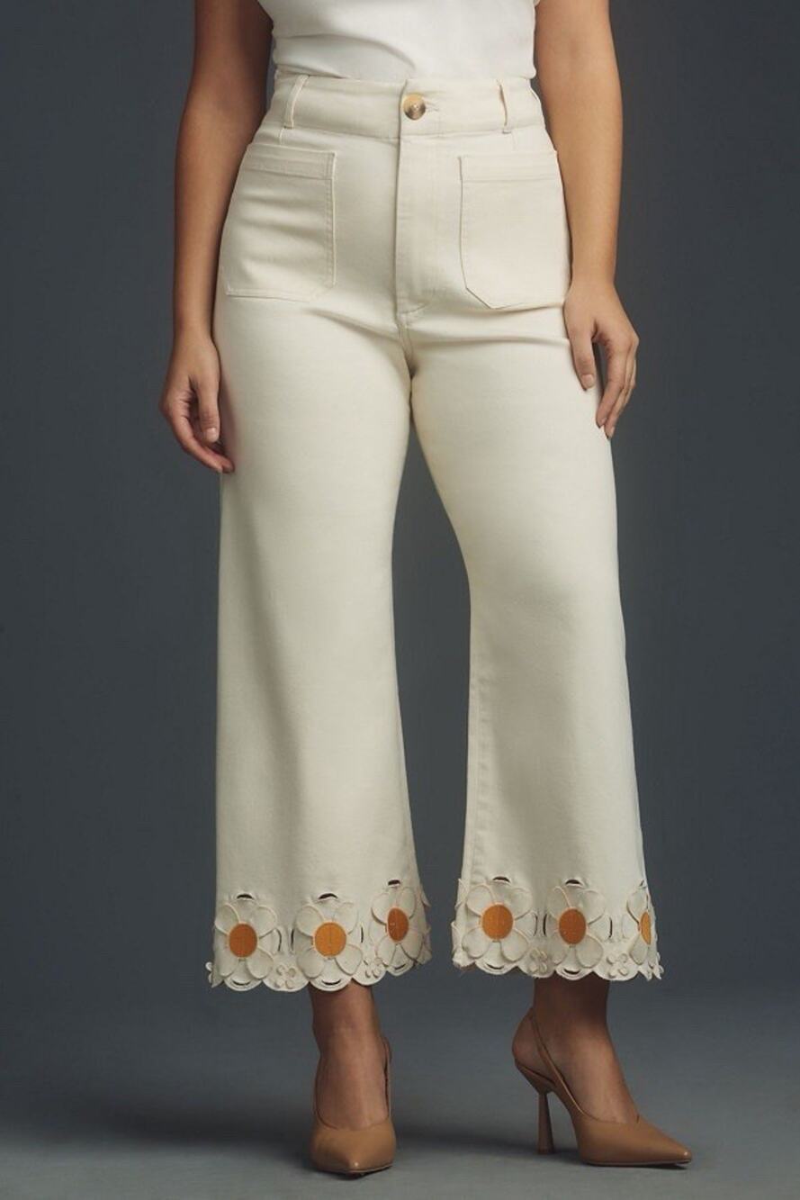 Maeve Anthropologie The Colette Cropped Wide Leg Jeans Womens Flower Hem Size 27